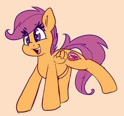 Size: 1318x1234 | Tagged: safe, artist:graphene, scootaloo, pegasus, pony, g4, cute, cutealoo, eye clipping through hair, eyebrows, eyebrows visible through hair, female, filly, foal, folded wings, open mouth, open smile, simple background, smiling, solo, the cmc's cutie marks, wings