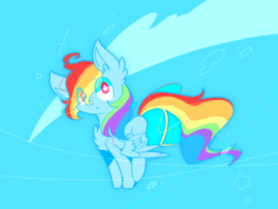 Size: 900x675 | Tagged: safe, artist:jisuppe, rainbow dash, pegasus, pony, g4, abstract background, chest fluff, chibi, female, mare, signature, solo, starry eyes, wingding eyes