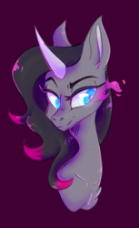 Size: 969x1585 | Tagged: dead source, safe, artist:yomitai, oleander (tfh), classical unicorn, pony, unicorn, them's fightin' herds, bust, cloven hooves, community related, curved horn, female, horn, leonine tail, portrait, purple background, simple background, solo, unshorn fetlocks