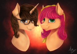 Size: 2183x1543 | Tagged: safe, artist:lav-cavalerie, oc, oc only, oc:mary bella, oc:nickman, earth pony, pony, unicorn, female, glasses, male, mare, stallion