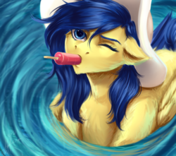 Size: 2000x1765 | Tagged: safe, artist:zefirayn, oc, oc only, oc:soundful symphony, pegasus, pony, commission, digital art, eating, female, food, hat, mare, one eye closed, popsicle, solo, swimming, vexel, water, ych result