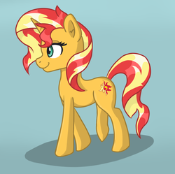 Size: 831x829 | Tagged: safe, artist:boushi33, sunset shimmer, pony, unicorn, g4, blue background, female, mare, side view, simple background, smiling, solo