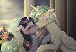 Size: 2164x1488 | Tagged: dead source, safe, artist:verawitch, princess cadance, princess celestia, twilight sparkle, alicorn, pony, g4, blue eyelashes, blushing, colored eyelashes, eyes closed, female, floppy ears, lesbian, licking, mare, missing accessory, ship:twilestia, shipping, tongue out, twilight sparkle (alicorn)