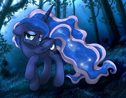 Size: 2200x1715 | Tagged: safe, artist:joakaha, princess luna, alicorn, pony, g4, crying, female, forest, looking at you, mare, sad, solo, tree