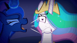 Size: 1500x843 | Tagged: safe, artist:2snacks, princess celestia, princess luna, alicorn, pony, two best sisters play, g4, animated, crown, eyelashes, eyes closed, eyeshadow, fake celestia, fake luna, female, flowing mane, friday the 13th, gif, gritted teeth, hair over one eye, jewelry, makeup, male to female, mare, necklace, open mouth, possessed, regalia, royal sisters, rule 63, shaking, shrunken pupils, teeth, traditional royal canterlot voice, yelling, youtube link