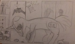 Size: 1423x843 | Tagged: safe, artist:erik grove, allie way, oc, oc:ambient beat, pony, unicorn, g4, emp museum, monochrome, night, pencil drawing, seattle, shy, space needle, traditional art