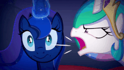 Size: 1500x843 | Tagged: safe, artist:2snacks, princess celestia, princess luna, alicorn, pony, two best sisters play, g4, animated, crown, fake celestia, fake luna, female, friday the 13th, gif, jewelry, magic, male to female, mare, possessed, regalia, rule 63, shaking, shrunken pupils, this will end in deafness, traditional royal canterlot voice, yellestia, yelling, youtube link
