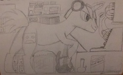 Size: 1316x806 | Tagged: safe, artist:erik grove, oc, oc only, oc:ambient beat, pony, unicorn, bong, cassette player, compact cassette, effect pedal, glowing horn, guitar, horn, korg, levitation, magic, magic aura, male, music, musical instrument, musician, new wave, records, seattle, solo, stallion, studio, synthesizer, tape recorder, telekinesis, traditional art