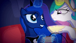Size: 1500x843 | Tagged: safe, artist:2snacks, princess celestia, princess luna, alicorn, pony, gamer luna, two best sisters play, g4, animated, boop, controller, engrish, female, friday the 13th, gamer, gif, grammar error, hand, magic, magic hands, mare, muna, patlestia, royal sisters, scrunchy face, youtube link