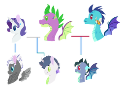 Size: 1616x1148 | Tagged: safe, artist:onedayhm, princess ember, rarity, spike, oc, oc:agate, oc:broken jewel, oc:timotheo ruby, dracony, dragon, hybrid, pegasus, pony, unicorn, g4, chest fluff, divorced, dragon oc, family tree, female, horn, horn ring, interspecies offspring, male, mare, offspring, older, older spike, parent:princess ember, parent:rarity, parent:spike, parent:unknown, parents:emberspike, parents:sparity, ship:emberspike, shipping, simple background, stallion, straight, white background, winged spike, wings