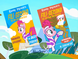 Size: 1021x768 | Tagged: artist needed, safe, edit, fili-second, gilda, pinkie pie, series:fili-second the cartoon adventures, series:pony tales, g4, hasbro studios, logo, power ponies, preview, superhero, veggietales