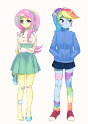 Size: 1447x2047 | Tagged: safe, artist:yam, fluttershy, rainbow dash, equestria girls, g4, bandaid, breasts, busty fluttershy, clothes, converse, feet, female, high heels, lesbian, rainbow socks, ship:flutterdash, shipping, shoes, simple background, skirt, sneakers, socks, striped socks, sweater