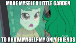 Size: 1280x720 | Tagged: safe, edit, edited screencap, screencap, wallflower blush, equestria girls, equestria girls series, forgotten friendship, g4, caption, garden, image macro, in the garden, lonely, lyrics, meme, monitor, red vox, song reference, text, vinesauce, wallflower and plants, wallflower is a plant