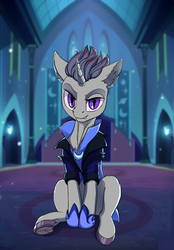 Size: 1163x1671 | Tagged: safe, artist:lunebat, oc, oc only, oc:verlo streams, pony, unicorn, alternate timeline, alternate universe, clothes, colt, male, nightmare takeover timeline, sitting, solo