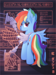Size: 4000x5333 | Tagged: safe, artist:sol-r, rainbow dash, pegasus, pony, robot, g4, the cutie re-mark, absurd resolution, alternate timeline, amputee, apocalypse dash, augmented, crystal war timeline, cyberpunk, eye scar, female, looking at you, looking back, looking back at you, prosthetic limb, prosthetic wing, prosthetics, reconstruction, scar, solo, torn ear