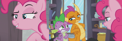 Size: 3659x1245 | Tagged: safe, screencap, pinkie pie, smolder, spike, dragon, pony, g4, molt down, context is for the weak, curious, dragoness, female, lidded eyes, lip bite, male, mare, nudge, out of context, raised eyebrow, stone scales, teasing, worried
