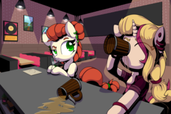 Size: 3000x2000 | Tagged: safe, artist:lockheart, oc, oc only, oc:melody bash, oc:penny inkwell, alcohol, bar, beer, complex background, high res, martini, record, spilled drink