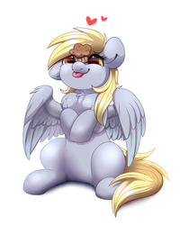 Size: 2000x2500 | Tagged: safe, artist:confetticakez, derpy hooves, pegasus, pony, :p, balancing, chest fluff, cute, derpabetes, ear fluff, female, fluffy, food, heart, hooves up, mare, muffin, one ear down, ponies balancing stuff on their nose, redraw, silly, simple background, sitting, solo, spread wings, tongue out, white background, wing fluff, wings