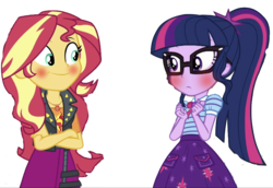 Size: 1686x1161 | Tagged: safe, editor:php77, sci-twi, sunset shimmer, twilight sparkle, equestria girls, g4, my little pony equestria girls: better together, blushing, clothes, crossed arms, duo, female, glasses, jacket, leather jacket, lesbian, looking at you, magical geodes, ponytail, ship:sci-twishimmer, ship:sunsetsparkle, shipping, simple background, transparent background
