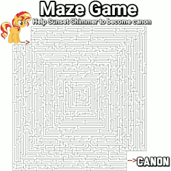 Size: 1000x1000 | Tagged: safe, edit, sunset shimmer, pony, unicorn, g4, animated, arrow, canon, cutting the knot, deal with it, female, game, hax, hilarious in hindsight, like a boss, maze, maze game, response, simple background, sunglasses, teleportation, text, white background, wrong magic color