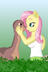 Size: 3495x5243 | Tagged: safe, artist:sergeant16bit, fluttershy, dinosaur, pegasus, pony, reptile, anthro, g4, apatosaurus, crossover, cuddling, don bluth, female, foliage, gradient background, leaves, littlefoot, male, the land before time