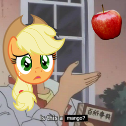 Size: 1587x1587 | Tagged: safe, applejack, earth pony, pony, scootertrix the abridged, g4, apple, book, food, is this a pigeon, meme, open mouth