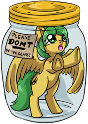 Size: 891x1254 | Tagged: safe, artist:dawnallies, part of a set, oc, oc only, pegasus, pony, belle, don't tap on the glass, don't tap the pony in the jar, female, glass, green, part of a series, plastic, pony in a bottle, simple background, solo, stuck, transparent background, trapped, yellow