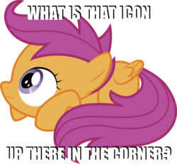 Size: 1073x990 | Tagged: safe, scootaloo, pony, g4, caption, female, fourth wall, huddle, image macro, meme, simple background, solo, transparent background, wide eyes