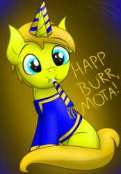 Size: 1250x1800 | Tagged: safe, artist:soctavia, oc, oc only, pony, unicorn, birthday, clothes, happy, hat, jumpsuit, male, party hat, party horn, simple background, vault suit