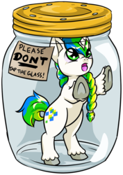 Size: 893x1260 | Tagged: safe, artist:dawnallies, part of a set, oc, oc only, oc:pixel shine, pony, unicorn, braid, don't tap the pony in the jar, fluffy, glass, green, part of a series, pixel art, plastic, pony in a bottle, simple background, solo, stuck, transparent background, unshorn fetlocks, white
