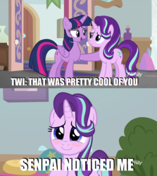 Size: 913x1024 | Tagged: safe, edit, edited screencap, screencap, starlight glimmer, twilight sparkle, alicorn, pony, unicorn, g4, marks for effort, blushing, c:, caption, comic, cute, eye contact, female, glimmerbetes, lidded eyes, looking at each other, mare, meme, open mouth, screencap comic, senpai, senpai noticed me, smiling, twilight sparkle (alicorn)