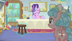 Size: 1280x720 | Tagged: safe, screencap, cozy glow, starlight glimmer, g4, marks for effort, animated, blanket, chocolate, comfort pillow, cup, discovery family logo, duo, empathy cocoa, female, filly, food, guidance counselor, hot chocolate, levitation, magic, marshmallow, pillow, security blanket, smiling, sound, starlight's office, telekinesis, webm