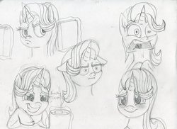 Size: 3509x2550 | Tagged: safe, artist:megaanimationfan, starlight glimmer, pony, g4, marks for effort, blushing, book, chocolate, expressions, faic, female, floppy ears, food, high res, hot chocolate, i mean i see, sketch, sketch dump, smiling, solo, starlight glimmer is best facemaker, surprised, the many faces of starlight glimmer, traditional art, wide eyes