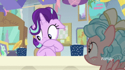 Size: 1280x720 | Tagged: safe, screencap, cozy glow, starlight glimmer, pegasus, pony, unicorn, g4, marks for effort, animated, cup, female, filly, floppy ears, guidance counselor, sound, starlight's listening, starlight's office, webm