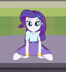 Size: 1024x1120 | Tagged: safe, artist:tabrony23, rarity, equestria girls, g4, belt, boots, clothes, cute, female, looking at you, raribetes, shoes, show accurate, sitting, skirt, smiling, solo