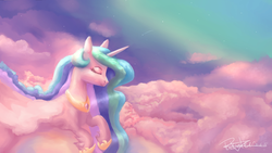 Size: 3840x2160 | Tagged: safe, artist:pucksterv, princess celestia, cloud pony, pony, g4, cloud, eyes closed, female, high res, signature, smiling, solo
