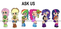 Size: 2984x1440 | Tagged: safe, artist:ppgmlpkndpokemongirl, applejack, fluttershy, pinkie pie, rainbow dash, rarity, twilight sparkle, human, turtle, ask us, g4, clothes, equestria girls outfit, human coloration, humanized, mane six, skirt, teenage mutant ninja turtles