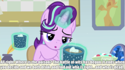 Size: 1920x1080 | Tagged: safe, edit, edited screencap, screencap, starlight glimmer, pony, unicorn, g4, marks for effort, chocolate, cup, discovery family logo, empathy cocoa, female, food, glowing horn, horn, hot chocolate, magic, mare, marshmallow, poison, poisoned drink, quote, solo, telekinesis, the princess bride, vizzini