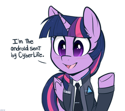 Size: 635x566 | Tagged: safe, artist:higglytownhero, twilight sparkle, alicorn, android, pony, robot, robot pony, g4, clothes, connor, cosplay, costume, crossover, cute, detroit: become human, dialogue, female, folded wings, mare, rk800, simple background, smiling, solo, twiabetes, twilight sparkle (alicorn), white background, wings
