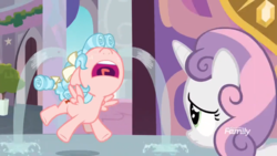 Size: 1920x1080 | Tagged: safe, screencap, cozy glow, sweetie belle, pegasus, pony, unicorn, g4, marks for effort, animation error, bow, crying, duo, female, filly, hair bow, nose in the air, ocular gushers, open mouth, tail bow, tears standing, volumetric mouth