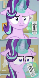 Size: 282x564 | Tagged: safe, edit, edited screencap, screencap, starlight glimmer, pony, unicorn, g4, marks for effort, cropped, energy drink, female, floppy ears, glowing horn, horn, i mean i see, monster energy, solo, unamused