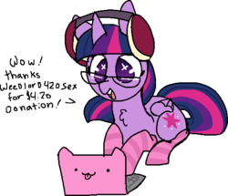 Size: 532x457 | Tagged: safe, artist:nootaz, twilight sparkle, alicorn, pony, g4, clothes, computer, dialogue, female, glasses, headphones, laptop computer, mare, open mouth, simple background, socks, solo, starry eyes, streamers, striped socks, transparent background, twilight sparkle (alicorn), wingding eyes