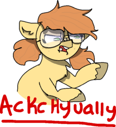 Size: 535x584 | Tagged: safe, artist:nootaz, oc, oc only, oc:dee twenty, pony, actually, bucktooth, bust, glasses, pigtails, reaction image, simple background, solo, transparent background, unshorn fetlocks