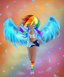 Size: 2214x2660 | Tagged: safe, artist:drawbauchery, rainbow dash, human, g4, abstract background, belly, clothes, converse, dark skin, female, hand on head, high res, humanized, midriff, pleased, rainbow socks, shirt, shoes, shorts, socks, solo, spread wings, striped socks, wings