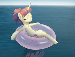 Size: 1280x960 | Tagged: safe, artist:globug100art, moondancer, pony, unicorn, g4, eyes closed, female, inner tube, mare, missing accessory, ocean, relaxing, solo, water