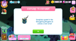 Size: 1024x552 | Tagged: safe, gameloft, queen chrysalis, starlight glimmer, stratus skyranger, g4, changeling kingdom, game screencap, smiling, smirk, tutorial