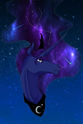 Size: 1039x1559 | Tagged: safe, artist:valo-son, princess luna, pony, g4, bust, constellation, constellation hair, ethereal mane, female, jewelry, looking up, mare, night, regalia, solo, starry mane, stars