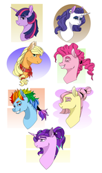 Size: 1039x1754 | Tagged: safe, artist:valo-son, applejack, fluttershy, pinkie pie, rainbow dash, rarity, starlight glimmer, twilight sparkle, g4, alternate hairstyle, bust, colored eyebrows, ear piercing, earring, eyes closed, eyeshadow, freckles, jewelry, looking at you, makeup, mane six, missing accessory, neckerchief, older, piercing, ponytail, simple background, smiling, white background