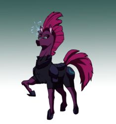 Size: 1387x1480 | Tagged: safe, artist:valo-son, tempest shadow, pony, unicorn, g4, my little pony: the movie, armor, broken horn, eye scar, female, gradient background, horn, lidded eyes, mare, raised hoof, scar, solo, sparking horn