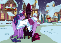 Size: 2338x1653 | Tagged: safe, artist:valo-son, tempest shadow, twilight sparkle, alicorn, pony, unicorn, g4, my little pony: the movie, christmas, clothes, cloven hooves, duo, duo female, eye scar, female, glowing horn, hearth's warming, holiday, horn, hug, leonine tail, looking at each other, magic, mare, not shipping, ponyville, raised hoof, scar, scarf, shared clothing, shared scarf, sitting, snow, snowfall, story included, telekinesis, twilight sparkle (alicorn), winghug